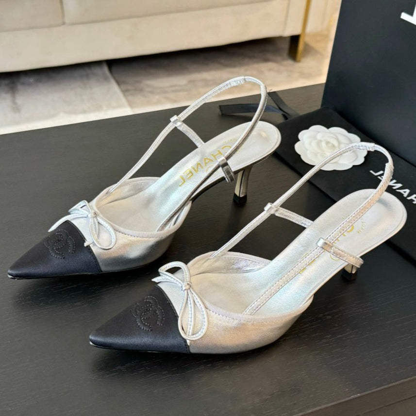 SLINGBACK WITH BOW IN SILVER MIX BLACK LAMBSKIN