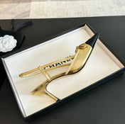 SLINGBACK WITH BOW IN GOLDEN MIX BLACK LAMBSKIN