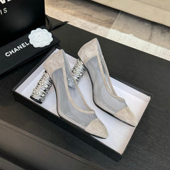 HIGH HEEL 85 MM SANDALS IN PALE GRAY SUEDE AND MESH