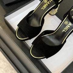 T-STRAP PEARL HEEL 85 MM SANDALS IN BLACK SUEDE