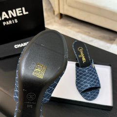 PEEP TOE MULE 85MM IN BLUE DENIM CHECKERED AND LOGO