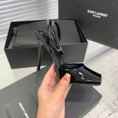 SL FISH MOUTH SANDAL PUMP BLACK POLISHED CALFSKIN