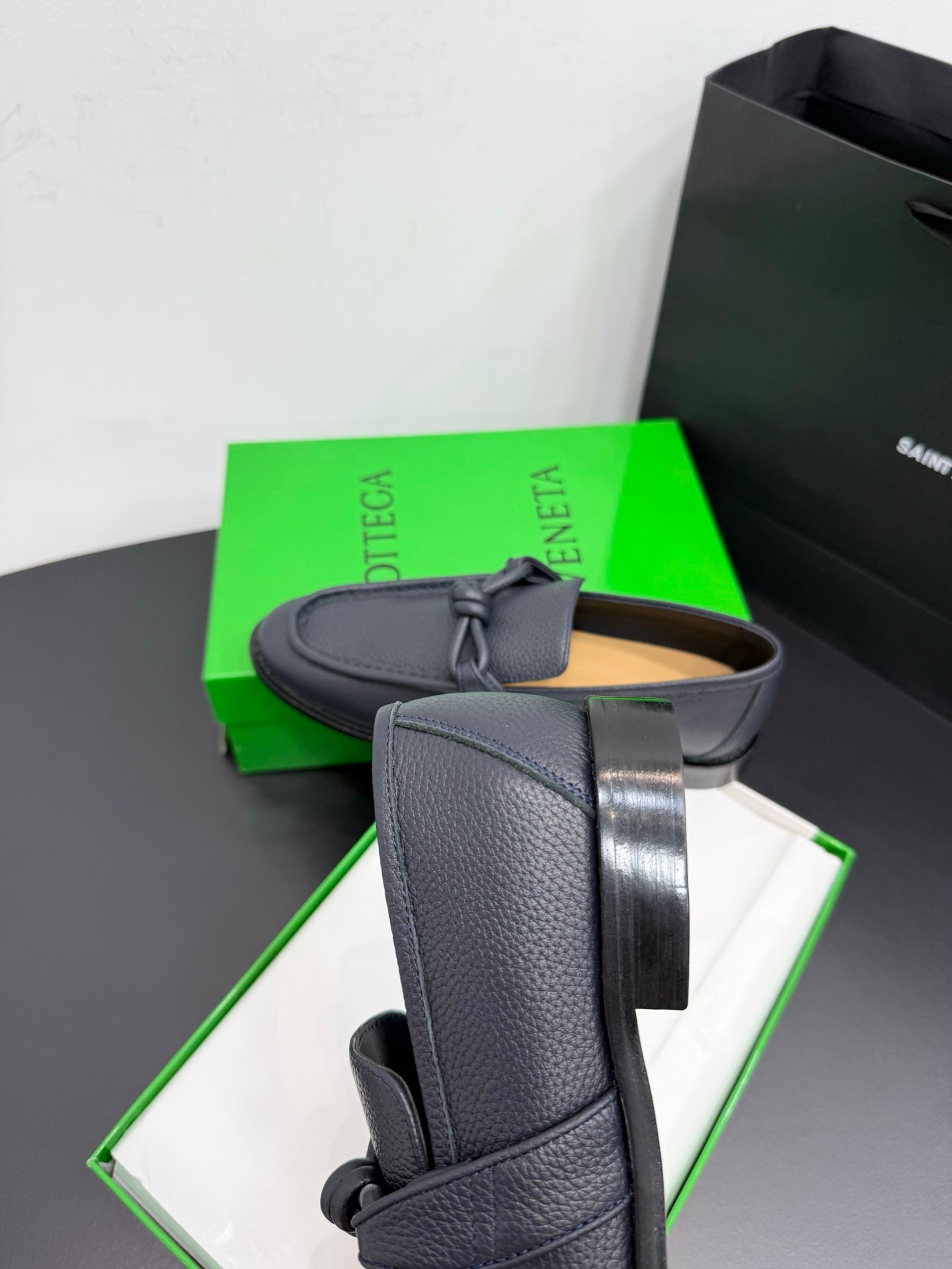 BOTTEGA VENETA 26S LOAFERS IN BLUE GRAY GRAINED CALFSKIN