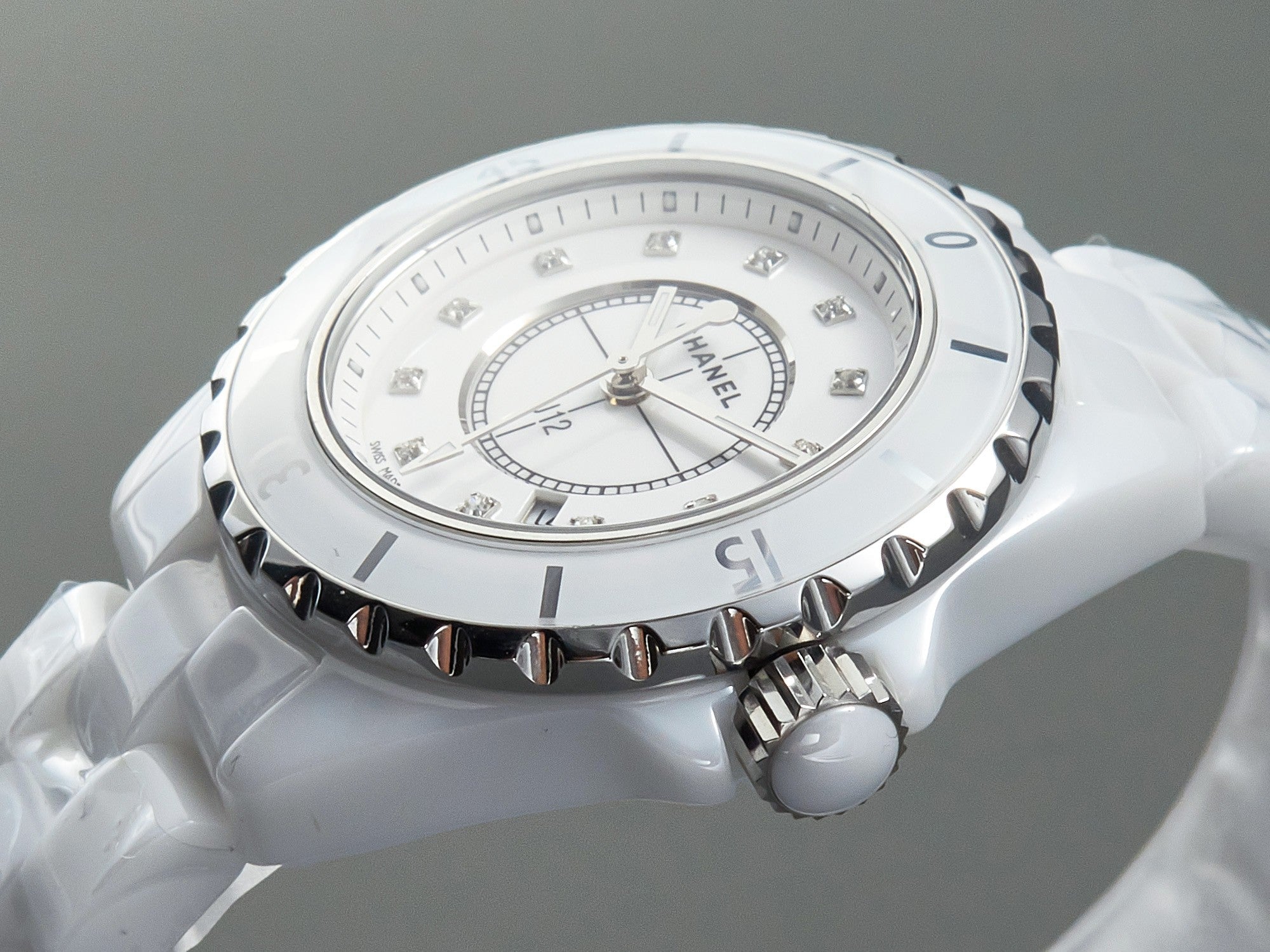 J12 Date Quartz White Ceramic Diamond Numerals White Dial