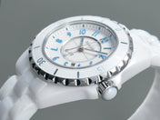 J12 Date Quartz White Ceramic Blue Numerals White Dial