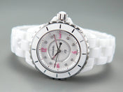 J12 Quartz White Ceramic Pink Diamond Numerals White Dial