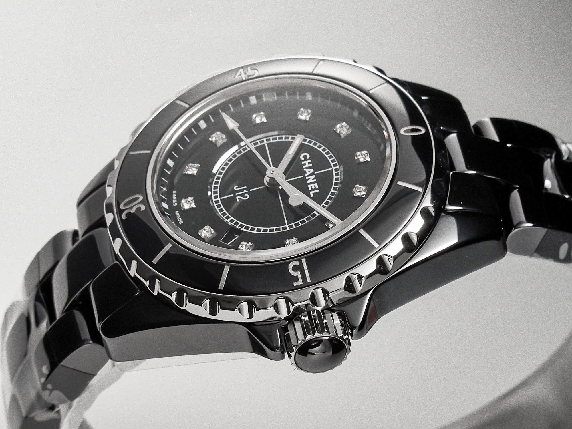 J12 Date Quartz Black Ceramic Diamond Numerals Black Dial