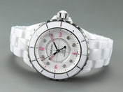 J12 Automatic White Ceramic Pink Diamond Numerals White Dial