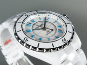 J12 Date Automatic White Ceramic Blue Numerals White Dial
