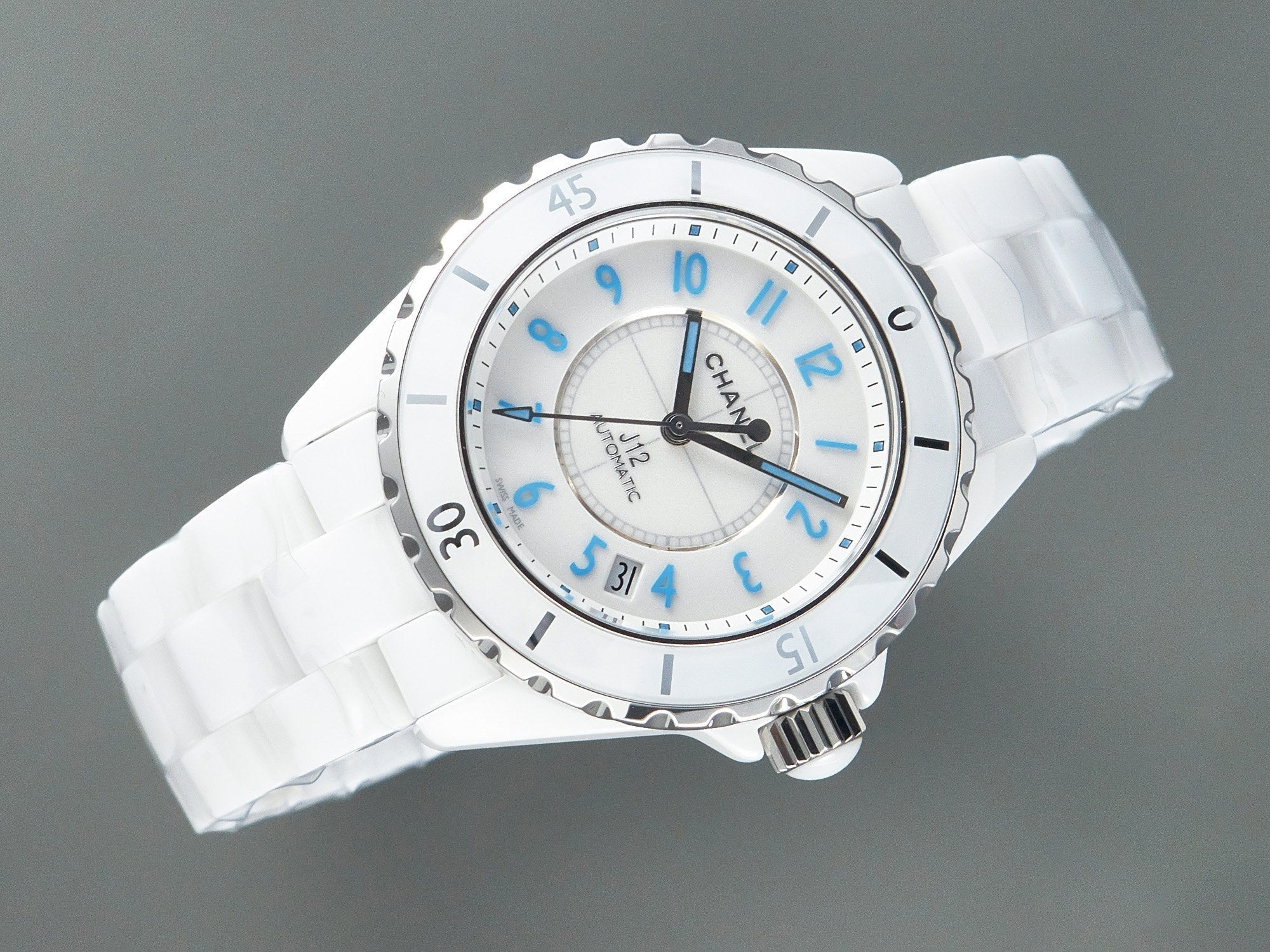 J12 Date Automatic White Ceramic Blue Numerals White Dial