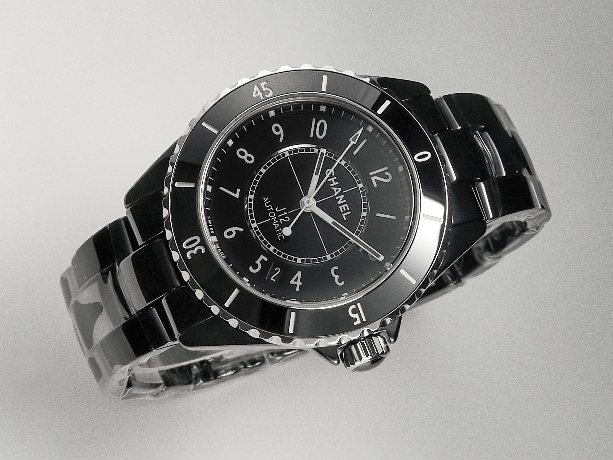J12 Date Automatic Black Ceramic White Numerals Black Dial Black Steel Hands