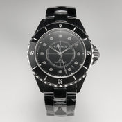 J12 Date Automatic Black Ceramic Diamond Numerals Black Dial Black Steel Hands