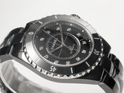 J12 Date Automatic Black Ceramic Diamond Numerals Black Dial Black Steel Hands