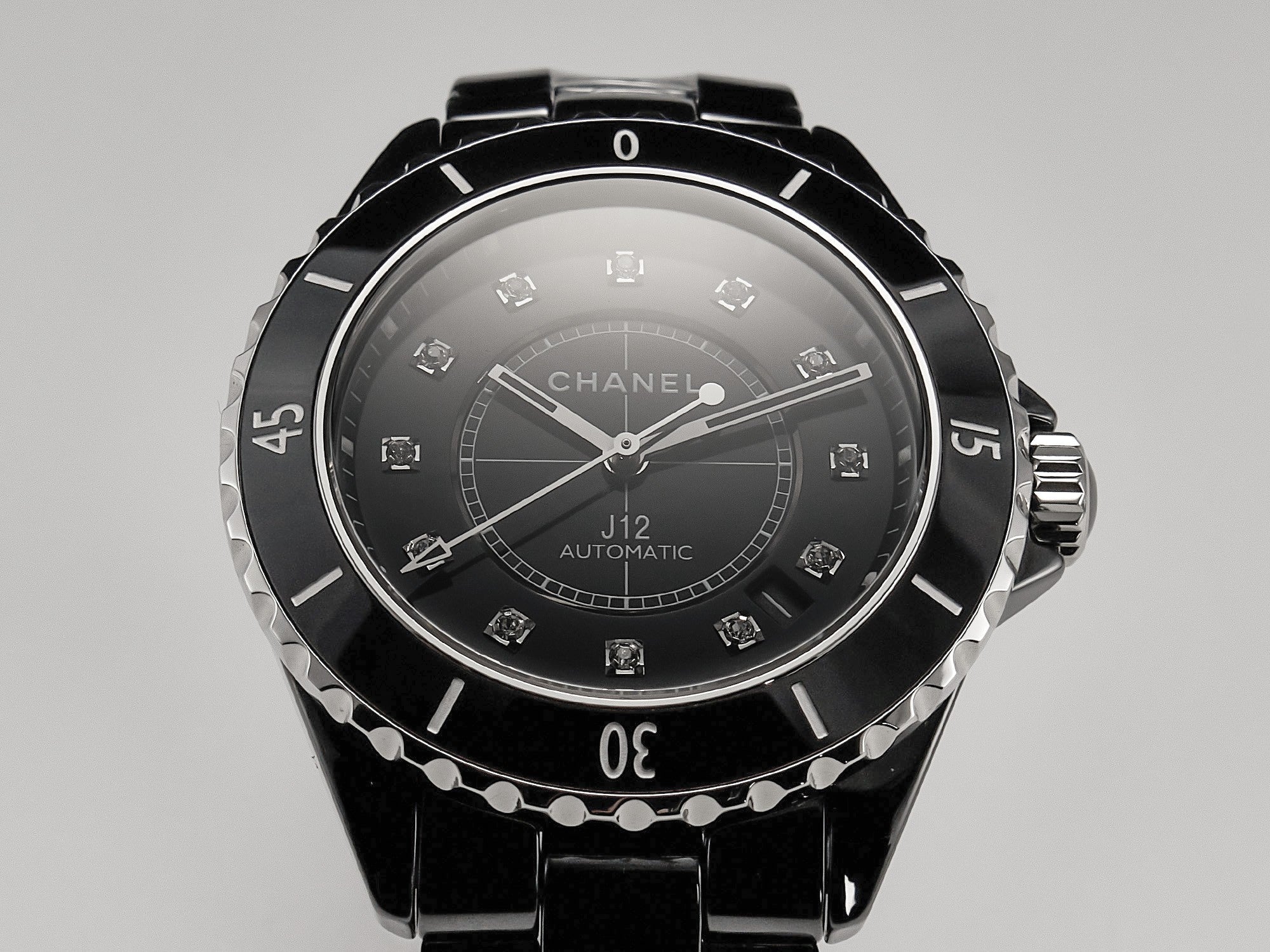 J12 Date Automatic Black Ceramic Diamond Numerals Black Dial Black Steel Hands