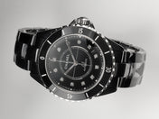 J12 Date Automatic Black Ceramic Diamond Numerals Black Dial Black Steel Hands