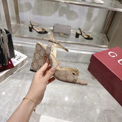 GG HEELED SANDALS 95MM IN DARK BEIGE CANVAS WITH GOLD HARDWARE