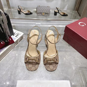 GG HEELED SANDALS 95MM IN DARK BEIGE CANVAS WITH GOLD HARDWARE