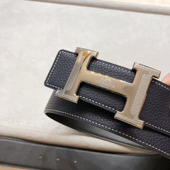 HM H D'ANCRE BELT BUCKLE & REVERSIBLE BLACK LEATHER STRAP 38 MM GREY SILVER HARDWARE