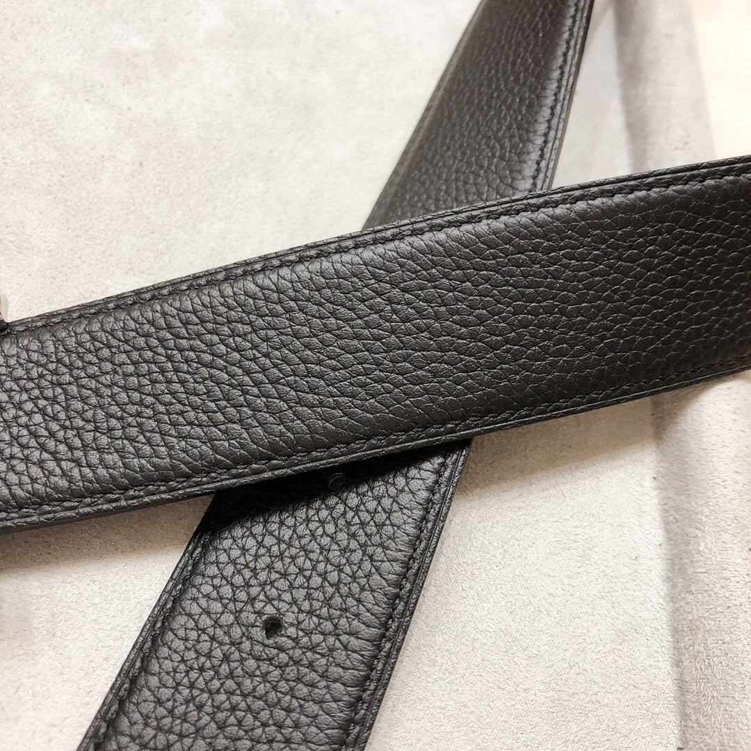 HM BELT BUCKLE & REVERSIBLE BLACK LEATHER STRAP 38 MM SILVER HARDWARE