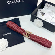 DOUBLE CC 30MM STRETCH BELT IN RED CALFSKIN GOLD CHAIN BUCKLE CRYSTAL LOGO
