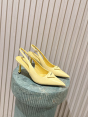 PRADA 26S POINTED-TOE SLINGBACK HEELS 75MM IN PASTEL YELLOW SHINY CALFSKIN