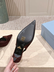 PRADA 26S POINTED-TOE SLINGBACK HEELS 75MM IN BURGUNDY BROWN SUEDE WITH LOGO