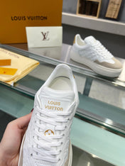 LV WOMEN GROOVY PLATFORM IN CAMEL BROWN SUEDE MIX WHITE EMBOSSED CALFSKIN