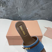 CARAMEL HIGH HEEL WITH BLUE STRAPS AND CARAMEL BELT
