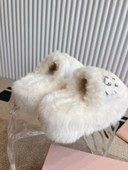 MULES IN WHITE RABBIT FUR SILVER HARDWARE