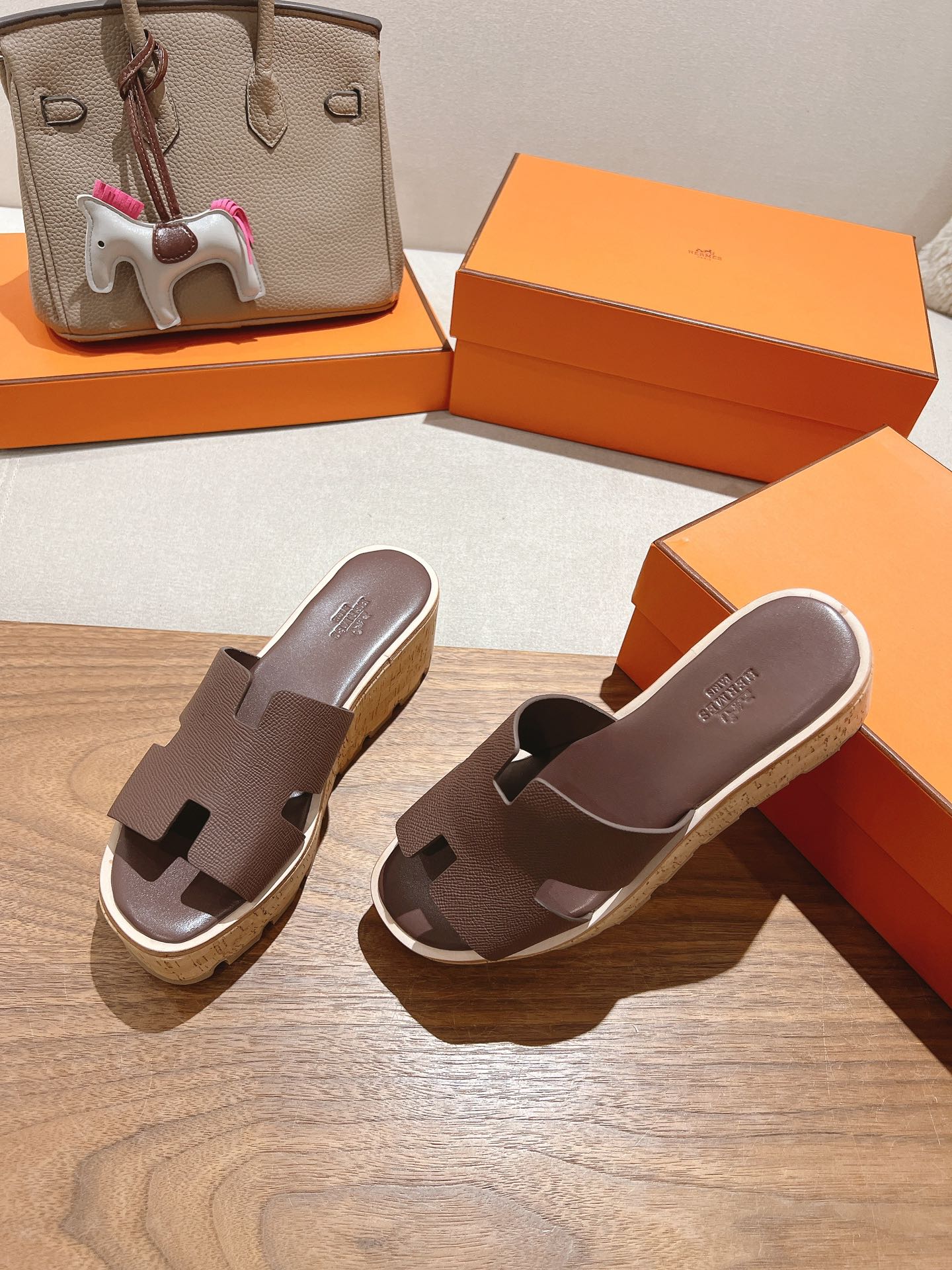 HM 25S HIGH WEDGE SANDALS IN DUSTY ROSE BROWN LAMBSKIN STYLE 19