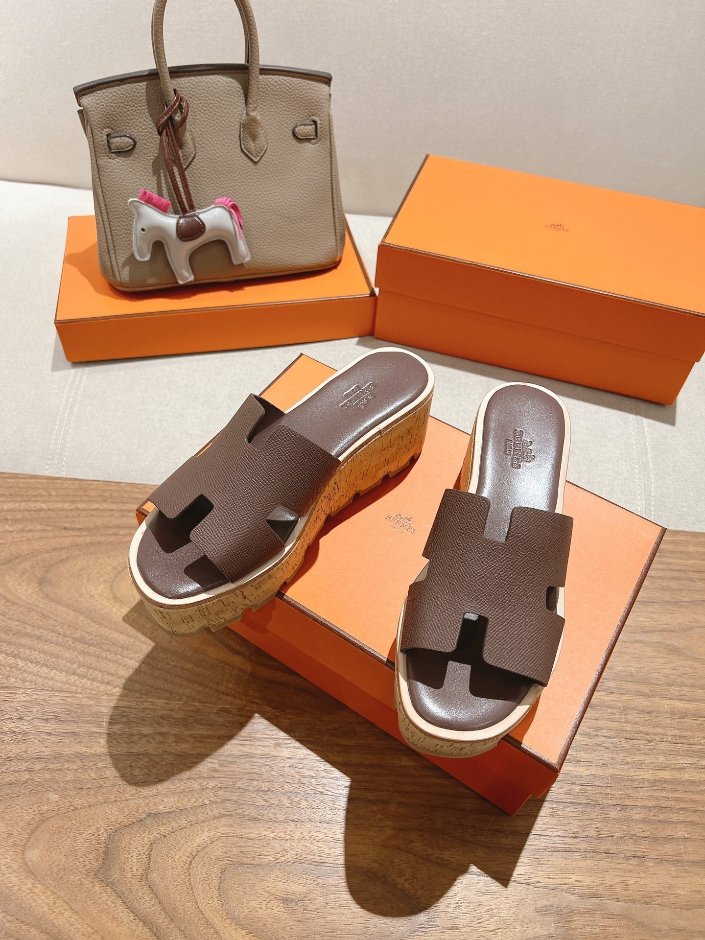 HM 25S HIGH WEDGE SANDALS IN DUSTY ROSE BROWN LAMBSKIN STYLE 19