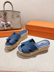 HM 25S HIGH WEDGE SANDALS IN DARK STEEL BLUE LAMBSKIN STYLE 18