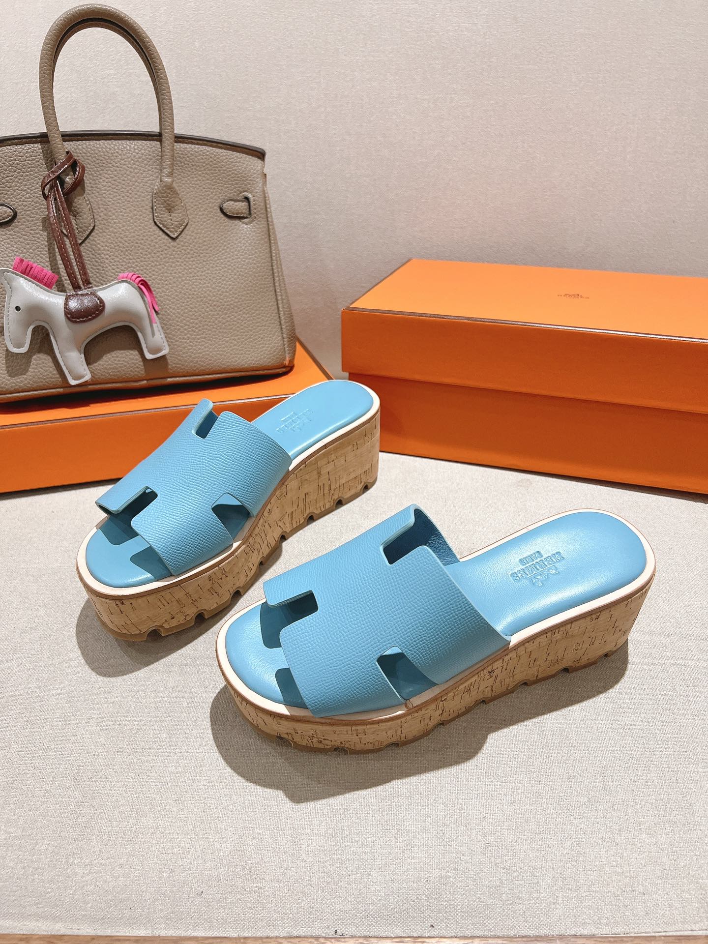 HM 25S HIGH WEDGE SANDALS IN SKY BLUE LAMBSKIN STYLE 8