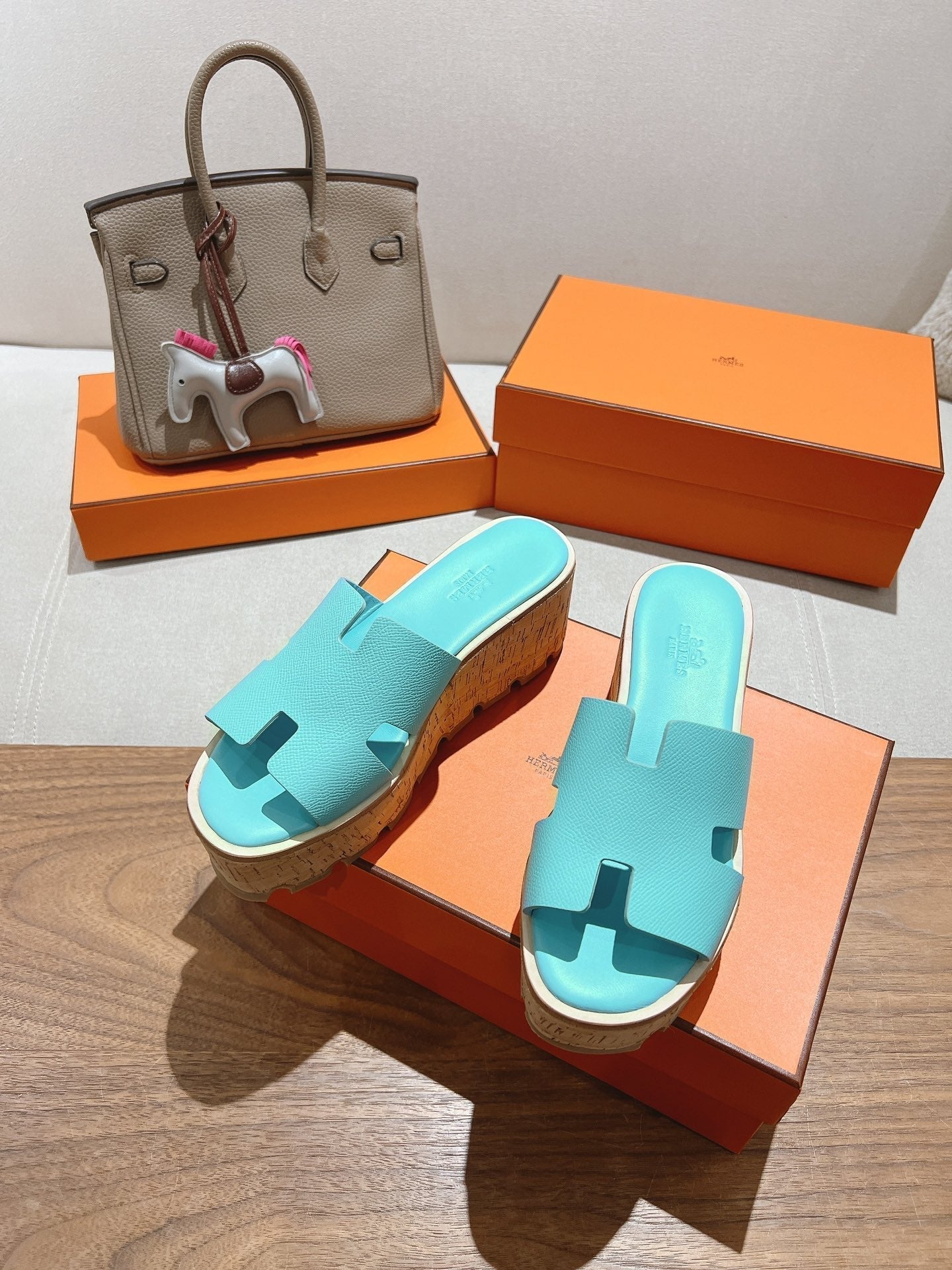 HM 25S HIGH WEDGE SANDALS IN LIGHT MINT BLUE LAMBSKIN STYLE 5