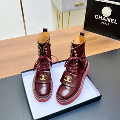 CHANEL 25S HIGH ANKLE BOOTS WITH ZIPPER IN BURGUNDY BROWN CALFSKIN GOLD HARDWRE