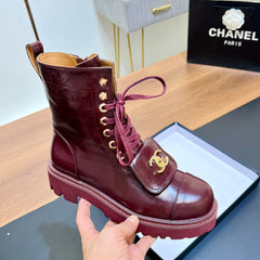 CHANEL 25S HIGH ANKLE BOOTS WITH ZIPPER IN BURGUNDY BROWN CALFSKIN GOLD HARDWRE