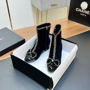 CHANEL 25S HEELED CHAIN BOOTS WITH BOW IN BLACK VELVET GOLD HARDWRE