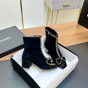 CHANEL 25S HEELED CHAIN BOOTS WITH BOW IN BLACK VELVET GOLD HARDWRE