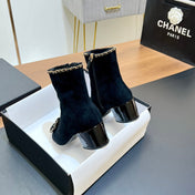 CHANEL 25S HEELED CHAIN BOOTS WITH BOW IN BLACK VELVET GOLD HARDWRE