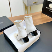 CHANEL 25S HEELED CHAIN BOOTS WITH BOW IN WHITE CALFSKIN GOLD HARDWRE