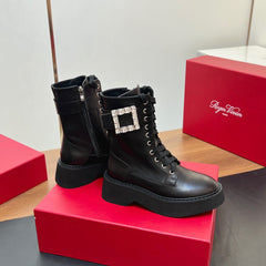 VIV' RANGERS STRASS BUCKLE BOOTS IN BLACK CALFSKIN EMBELLISHED BUCKLE