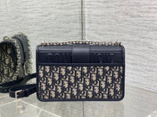 MONTAIGNE EAST-WEST 25 BAG WITH CHAIN IN NAVY BLUE LAMBSKIN AND MONOGRAM JACQUARD