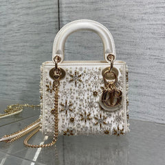 MINI 17 LADY BAG IN WHITE SATIN EMBROIDERED WITH BEADS