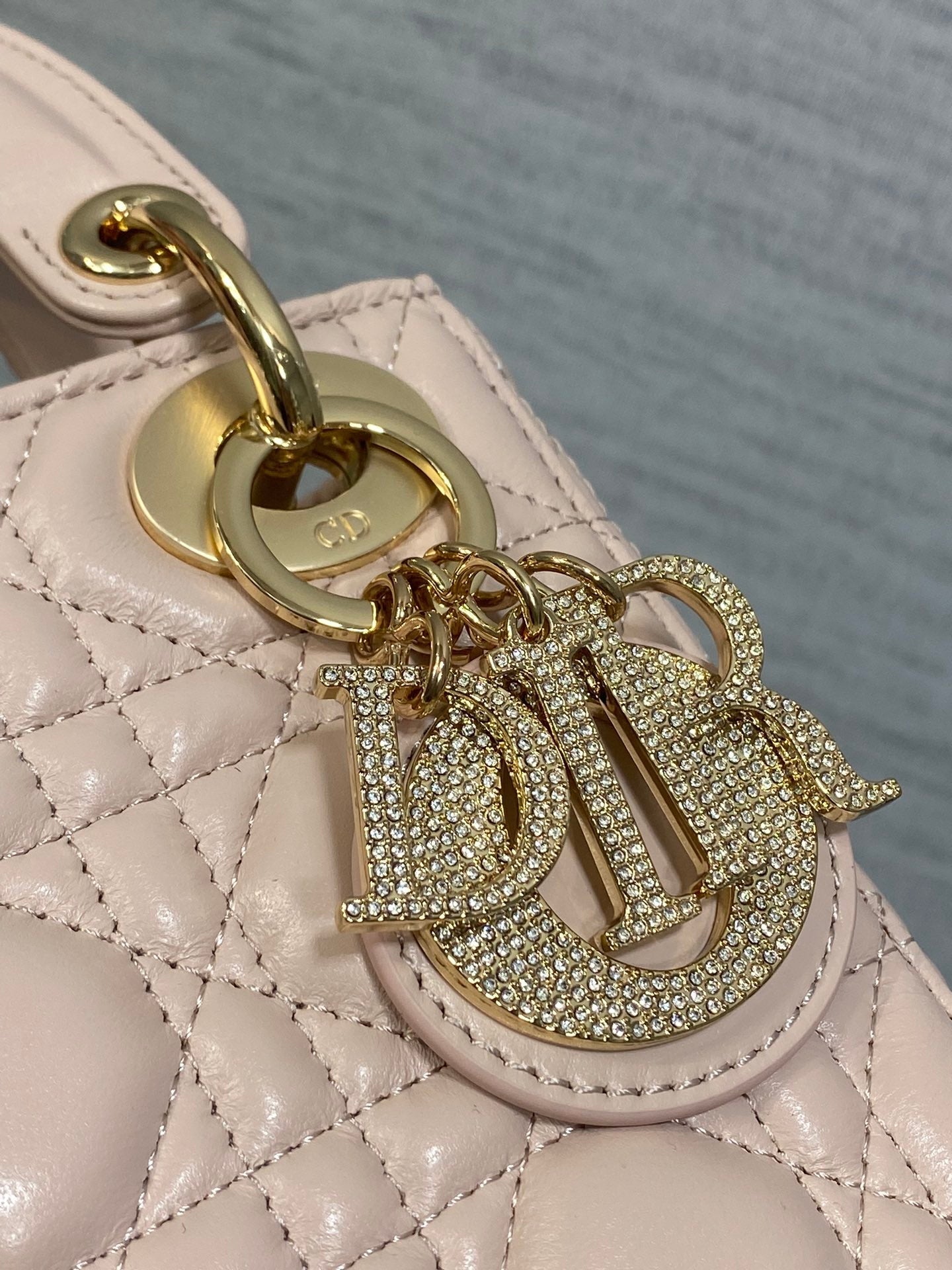 DIOR 25S MINI LADY DIOR BAG 17 IN PINK CALFSKIN CHARM CRYSTAL EMBELLISHMENTS