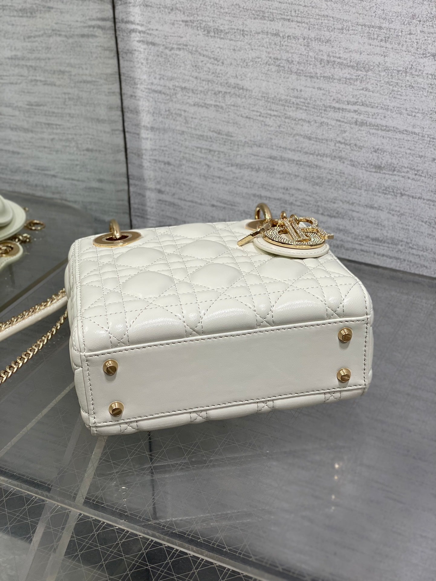 DIOR 25S MINI LADY DIOR BAG 17 IN IVORY CALFSKIN CHARM CRYSTAL EMBELLISHMENTS