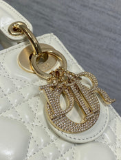 DIOR 25S MINI LADY DIOR BAG 17 IN IVORY CALFSKIN CHARM CRYSTAL EMBELLISHMENTS