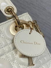 DIOR 25S MINI LADY DIOR BAG 17 IN IVORY CALFSKIN CHARM CRYSTAL EMBELLISHMENTS