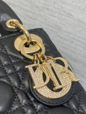 DIOR 25S MINI LADY DIOR BAG 17 IN BLACK CALFSKIN CHARM CRYSTAL EMBELLISHMENTS