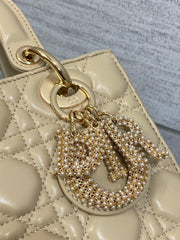 DIOR 25S LADY DIOR BAG 20 IN SAND BEIGE CALFSKIN CHARM PEARL EMBELLISHMENTS