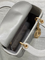 DIOR 25S LADY DIOR BAG 20 IN DARK GRAY CALFSKIN CHARM PEARL EMBELLISHMENTS
